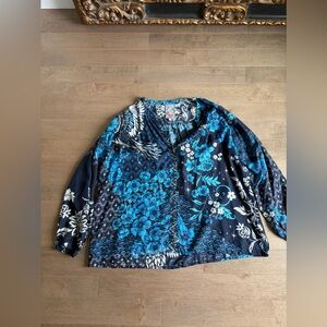 Johnny Was Navy Blue Teal Floral Button-Up Top